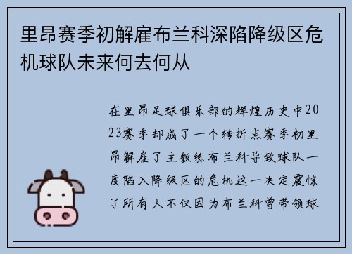里昂赛季初解雇布兰科深陷降级区危机球队未来何去何从 里昂赛季初解雇布兰科深陷降级区危机球队未来何去何从